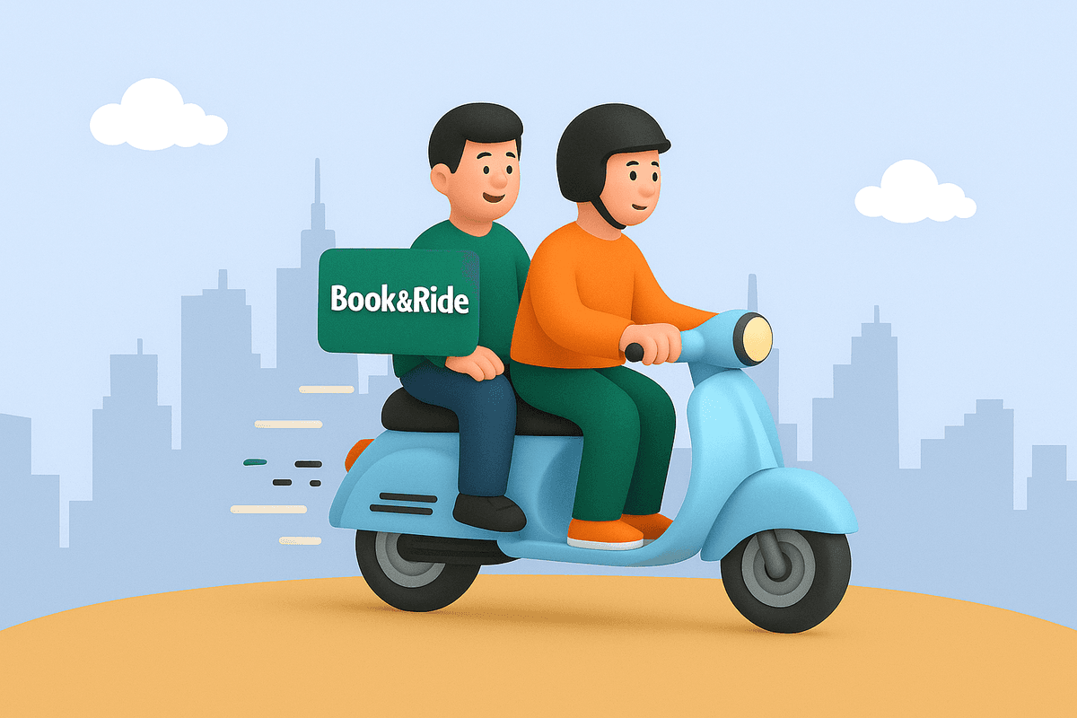 Illustration of people using ZiplyRide app on phones with map elements and download icons